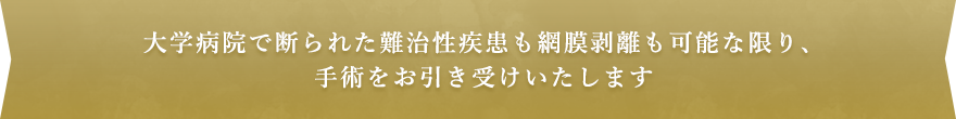 大学病院で断られた難治性疾患も網膜剥離も可能な限り、手術をお引き受けいたします